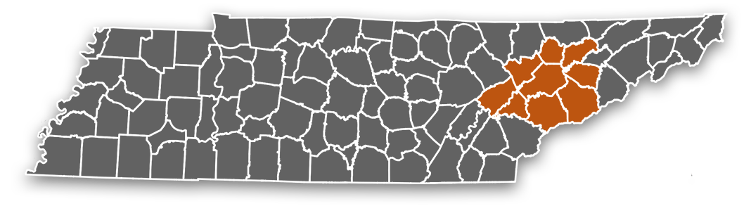 Tennessee graphic showing the counties that we serve