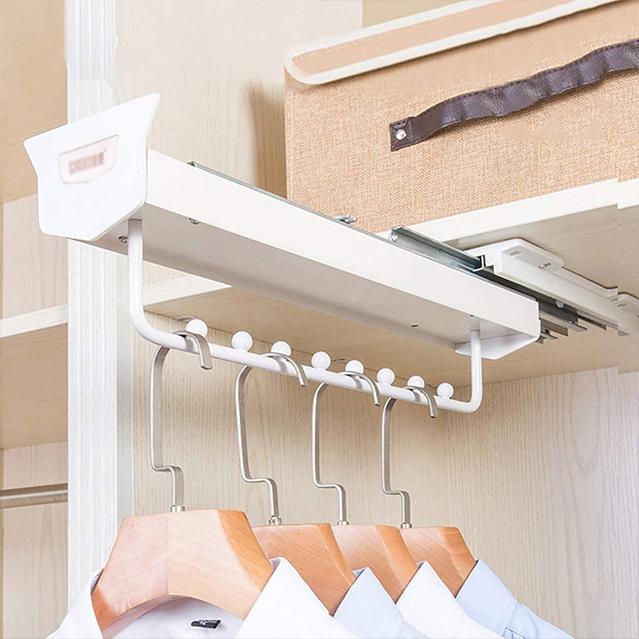 Stool in center of brown closet