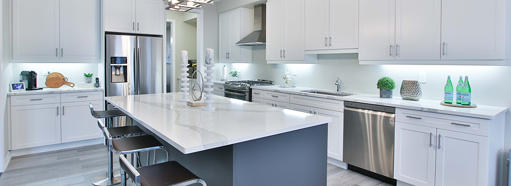 Gray and blue kitchen