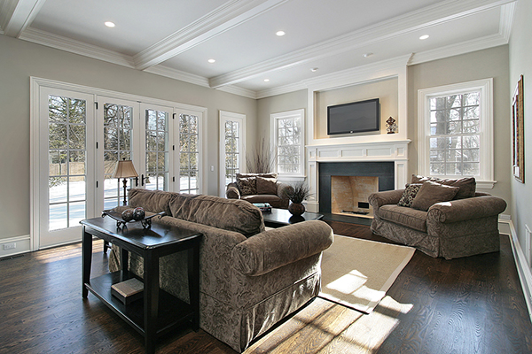 Brown solid door opening to living room